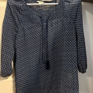 Sonoma Blue and White 3/4 Sleeve Tie Front Blouse